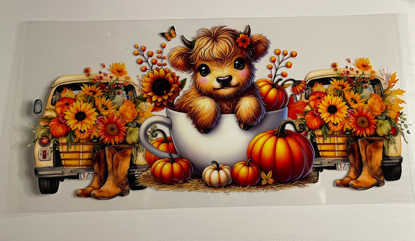 Highland Cow in Tea Cup w/ Pumkins