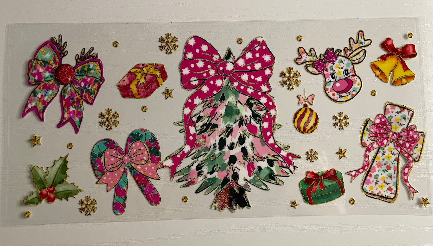 Christmas tree w/ pink bow and reindeer