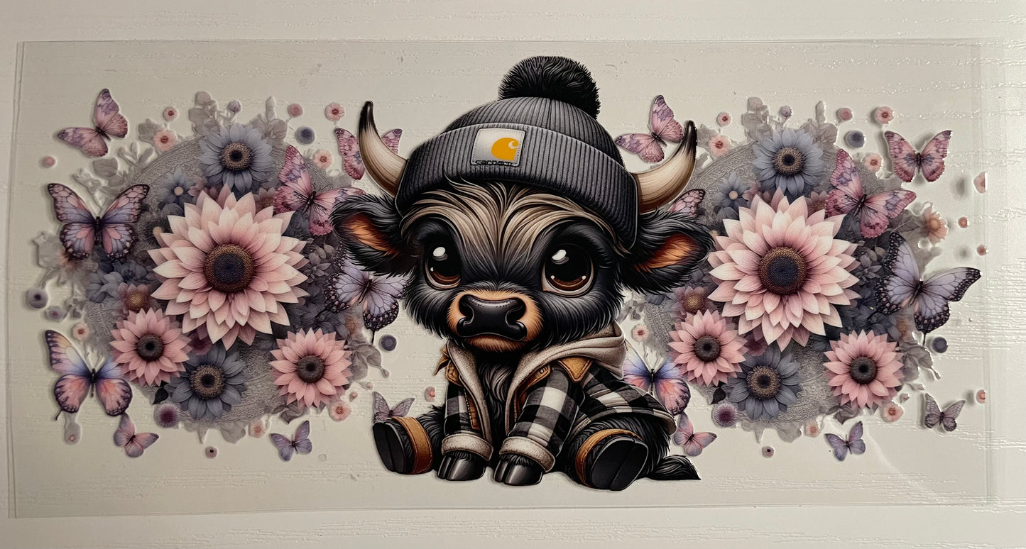 Black highland cow w/ pink flowers