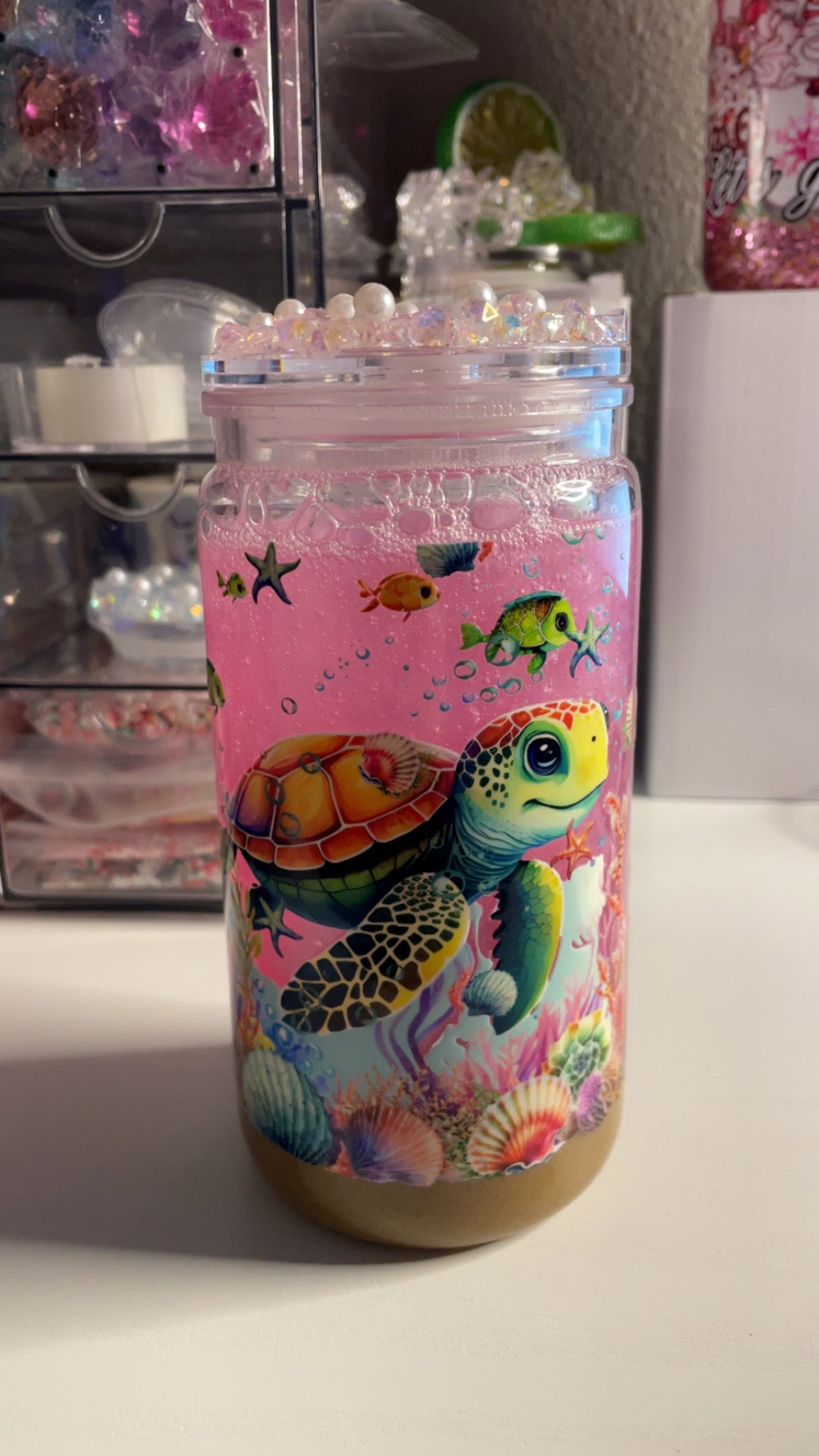 16oz pink mica Just a girl who loves turtles tumbler w/ pearl lid & clear lid included