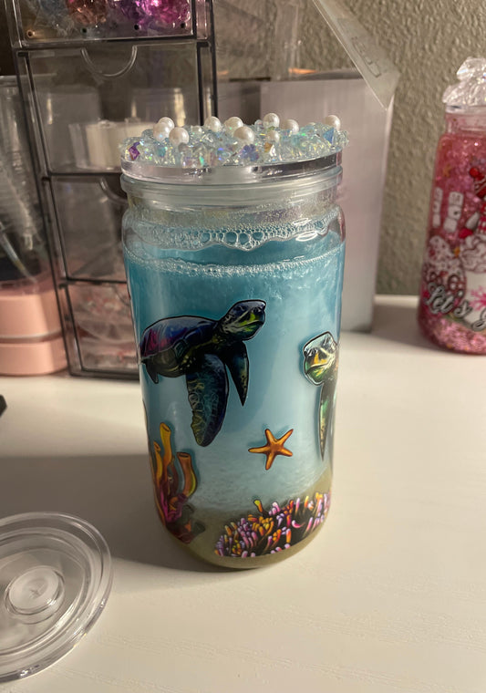 16 oz Sea Turtle Beach Tumbler w/ pearl lid and clear lid included