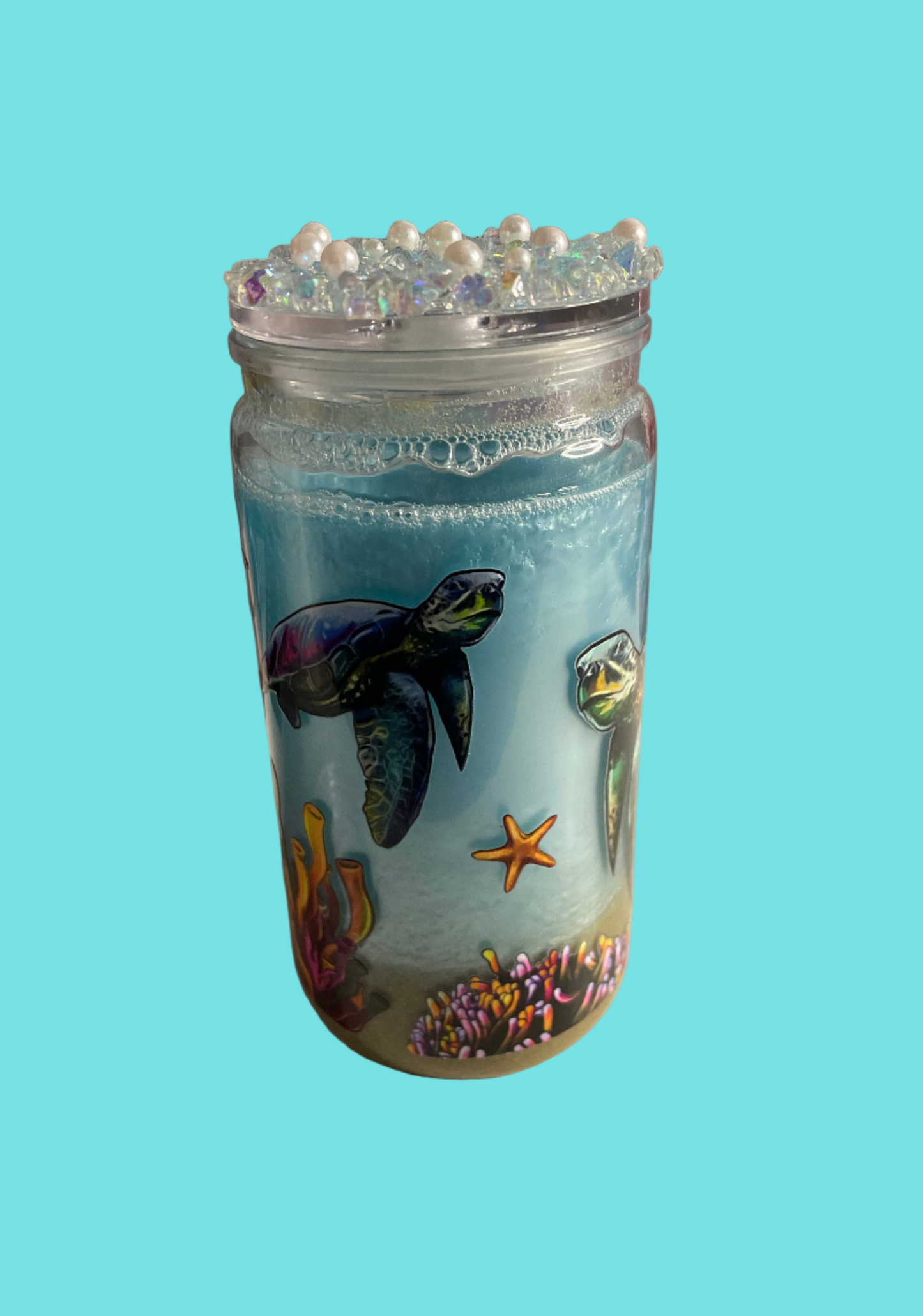 16 oz Sea Turtle Beach Tumbler w/ pearl lid and clear lid included