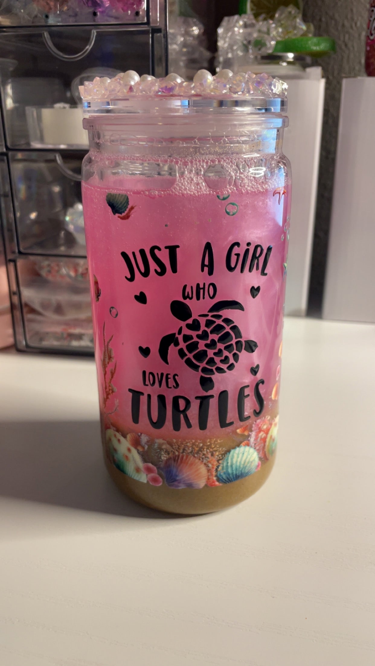 16oz pink mica Just a girl who loves turtles tumbler w/ pearl lid & clear lid included