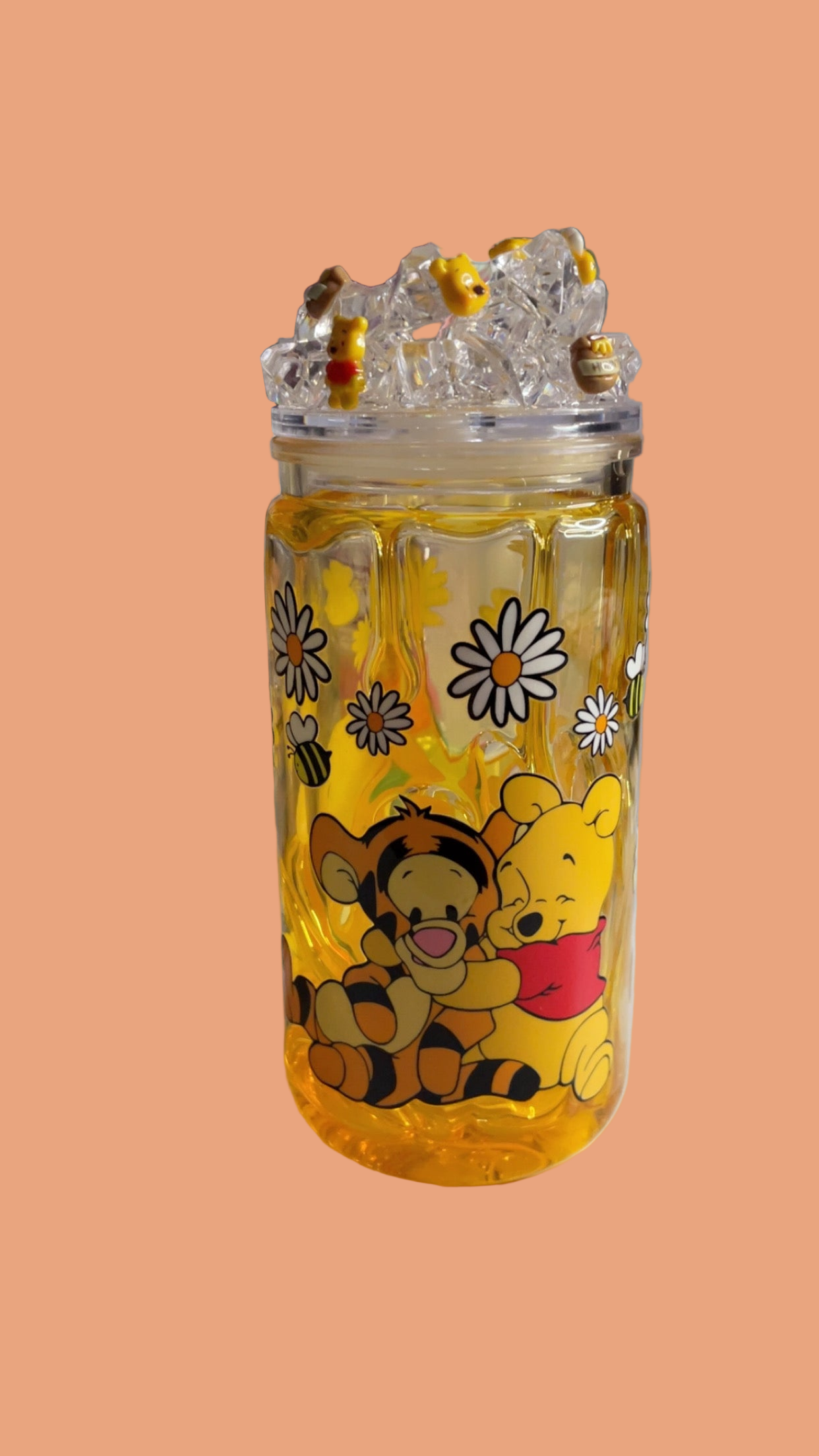 16oz Honey Drip Cup, yellow bear. Comes with lid & clear lid