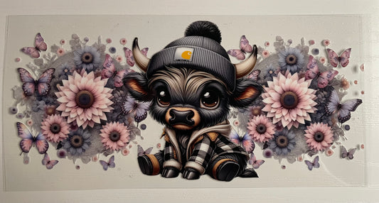 Black highland cow w/ pink flowers