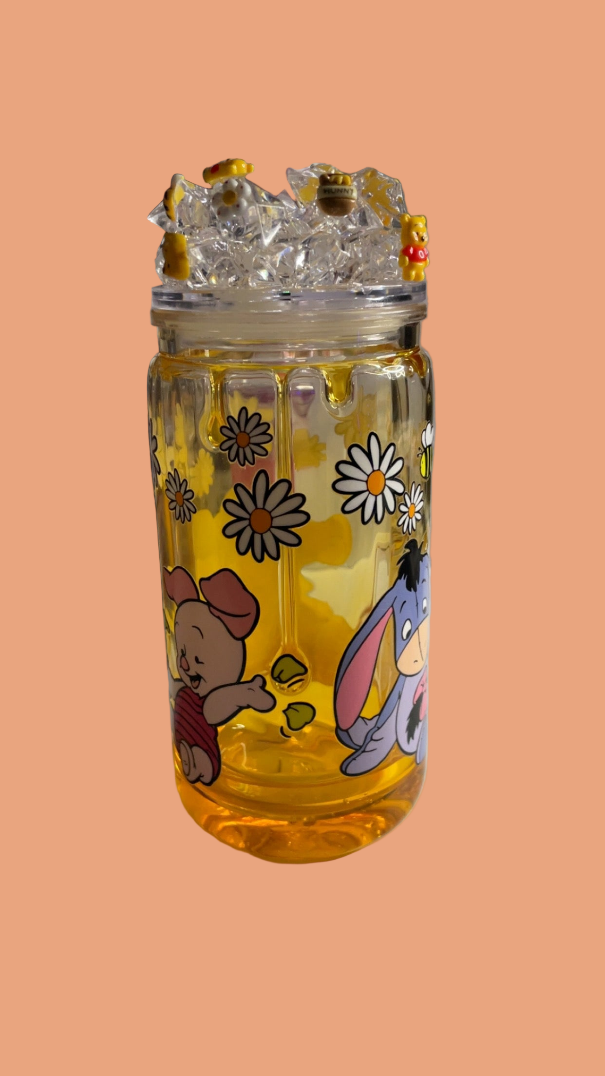 16oz Honey Drip Cup, yellow bear. Comes with lid & clear lid
